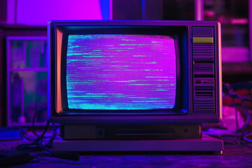 80s Retro wave style background displayed on vintage computer screen. VHS noise and glitch effects. Bright purple colors. Old display