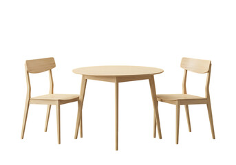 Minimalist wooden dining table with two chairs isolated on transparent background