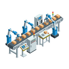 Smart Manufacturing Vector System Conveyor Belt and Packaging Robots