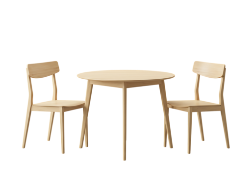 Minimalist wooden dining table with two chairs isolated on transparent background