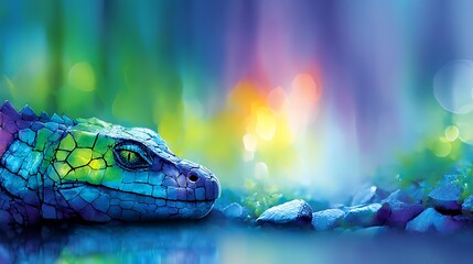 A mystical, iridescent dragon with vibrant, glowing scales rests beside a tranquil body of water, its eye sharp and focused amidst a dreamlike, colorful forest