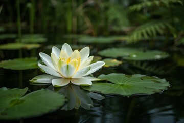 White Water Lily Blooming on Still Water with Green Lily Pads