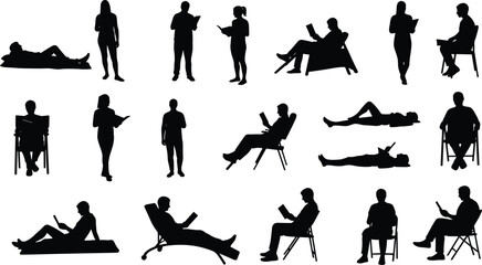 People Human Silhouette Reading Sitting Standing Reclining Book Tablet Literature Study Relax Learning Education Lifestyle Pose Vector Outline Drawing Illustration Art