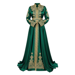 Elegant emerald green kaftan dress with intricate gold embroidery isolated on transparent background