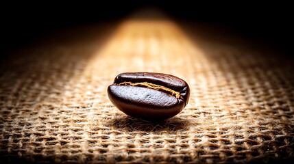 A single roasted coffee bean rests on a textured burlap surface, illuminated by a dramatic spotlight creating a warm and inviting atmosphere