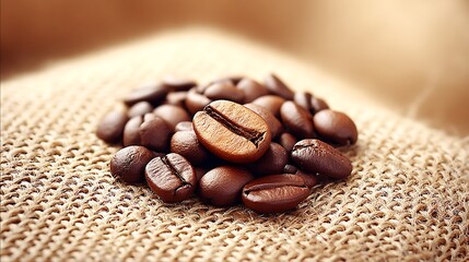 A closeup shot of roasted coffee beans piled on a textured burlap surface, highlighting their rich color and deep grooves