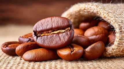 Closeup of roasted coffee beans spilling out of a burlap sack, showcasing their rich texture and deep brown color, evoking the aroma and taste of freshly brewed coffee