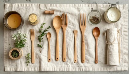 Rustic Wooden Utensils and Spices Arranged on Linen Napkin Table Setting with Candle and Herbs Overhead View