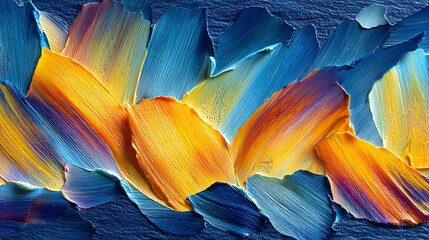 Abstract textured brush strokes of vibrant yellow, orange, and deep blue paint create a dynamic and energetic composition, evoking a sense of movement and artistic expression