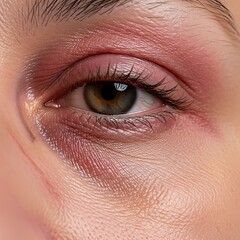 Obraz premium Close up of a human eye with pink eyeshadow and dark lashes.