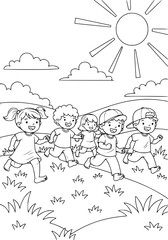 Naklejka premium children are running barefoot on the grass. coloring book