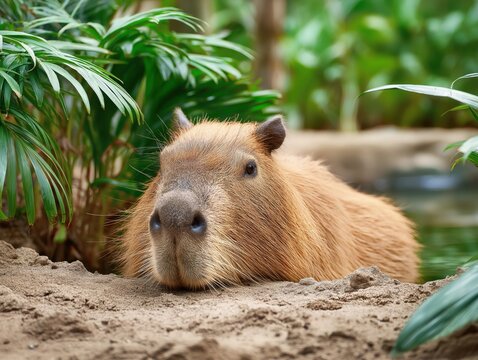 Capybara lying in mud near tropical plants natural warm light
