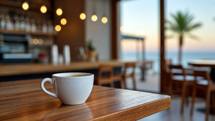 Fototapeta premium Morning coffee enjoyment at seaside cafe with palm view