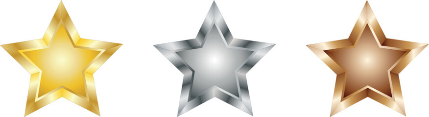 Golden, silver, and bronze stars isolated on white background. Glossy metallic symbols of rating, ranking, achievement, and success. Perfect for award, medal, or trophy design, PNG transparent.