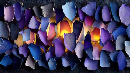 Abstract pattern of vibrant purple and blue flower petals illuminated from behind with warm yellow light, creating a textured and colorful background