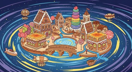 Whimsical Gingerbread City Floating in a Cosmic Swirl.