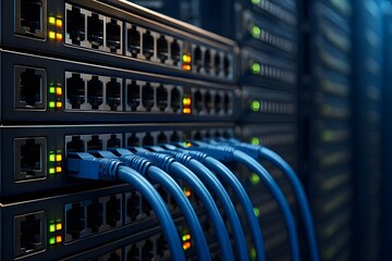 Network switch and network cables in modern server room data center