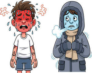 Cartoon boy suffering from extreme heat and sweating beside a boy shivering from cold, illustrating contrast, illness, and climate conditions.
