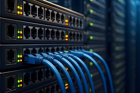 Close-up of server rack with blue fiber optic cables; ideal for data center tech visuals. Close-up of server rack with blue fiber optic cables connected, showcasing data center technology and network.
