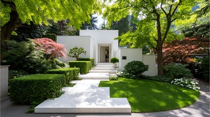 Modern minimalist luxury residence with a beautifully manicured garden and geometric landscaping, featuring clean lines and lush greenery