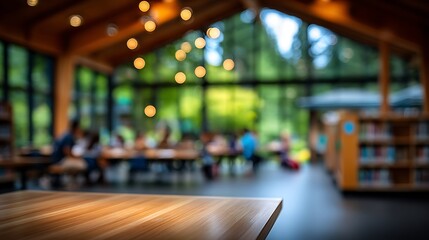 Cozy wooden library interior with large windows overlooking a lush green forest, blurred people studying at tables, and warm bokeh lights