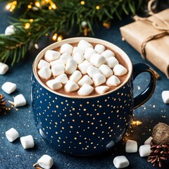 Christmas hot chocolate with marshmallows in blue cup