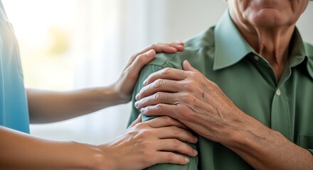 Close up of a senior man with a kind nurse putting her hands on his shoulder to comfort him at the hospital