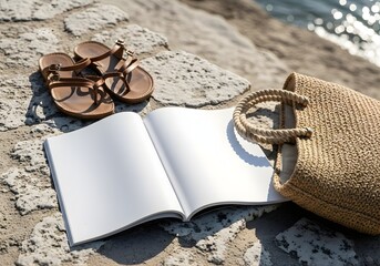 Blank magazine mockup on a stone step beside sandals and a beach bag, bright coastal summer atmosphere