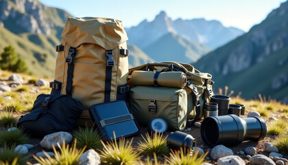 Outdoor adventure gear with backpack and camping equipment in mountainous terrain for hiking and exploration