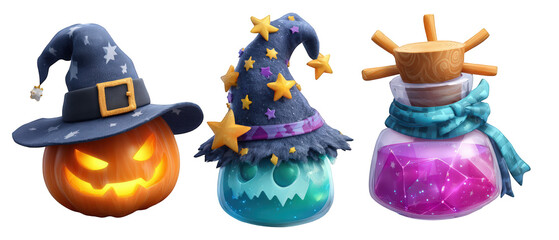 Colorful Halloween-themed potions and a carved pumpkin with witch hats, set against a whimsical backdrop
