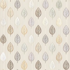Seamless pattern of stylized autumn leaves in various muted colors, arranged in vertical rows against a subtle striped background, evoking a natural and organic feel