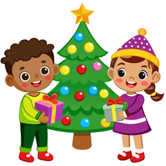 Fototapeta premium Adorable kids exchanging presents under a sparkling Christmas tree with colorful ornaments on white background.01