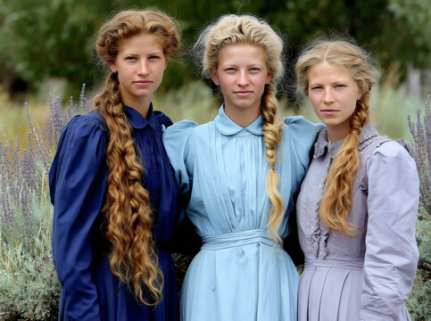 Mormon young sister wives, women, latter day saints, FLDS polygamist religion, standing in meadow modestly dressed. 