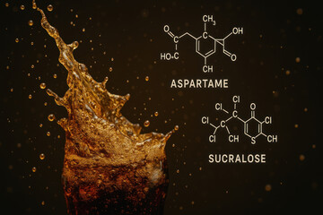Sweet brown diet soda splash with chemical structures of aspartame and sucralose for sugar awareness zero sugar drink diet soda awareness