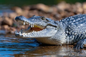 Fototapeta premium a crocodile basks on the bank of an african river, its mouth open and teeth showing.