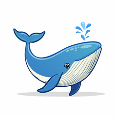 Fototapeta premium Cute cartoon blue whale spouting water from its blowhole, a friendly sea mammal character illustration isolated on a white background