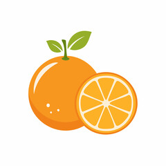 A vibrant flat illustration of a whole orange and a half slice, showcasing fresh citrus fruit with green leaves, perfect for healthy eating and beverage themes