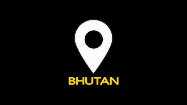 Bhutan is looping Location Pins over the country. Location of the Country of Bhutan, sign animated with alpha channel, 4k video, and GPS location tracking icon