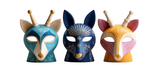Colorful handcrafted animal masks displayed against a neutral background, showcasing intricate designs