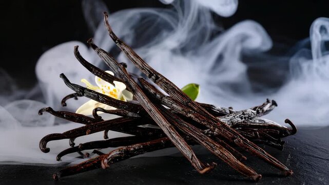 Aromatic vanilla pods pile on a dark surface with flower and vaporous smoke in a studio shot for use in food and dessert concepts.