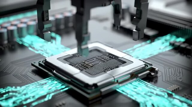 Computer Hardware: Robotic arm expertly installs a powerful CPU processor microchip onto a glowing circuit motherboard, signifying advanced electronics and technology.