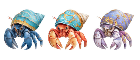 Colorful hermit crabs in decorative shells exploring a vibrant underwater scene
