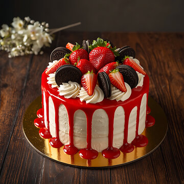 decorated white cake with red glaze strawberries and cookies on golden board