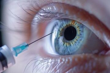 Needle-Eye: A close-up view capturing the precise moment of an injection, revealing the intricate details of the eye's anatomy as it undergoes a medical procedure.