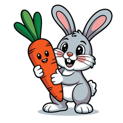 Adorable cartoon grey rabbit character holding a large fresh orange carrot.