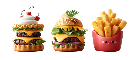 Delicious stacked burgers with fries and a dessert on a vibrant background, perfect for food marketing