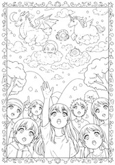 children fantasize about the similarity of clouds with mythical animals. coloring book