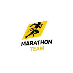 Fototapeta premium Dynamic marathon team logo with runner silhouette on a bold yellow background