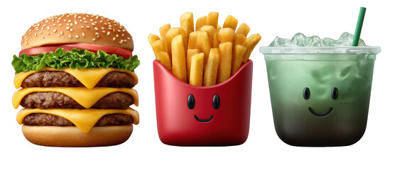 Delicious triple cheeseburger with fries and a refreshing green drink on a bright background
