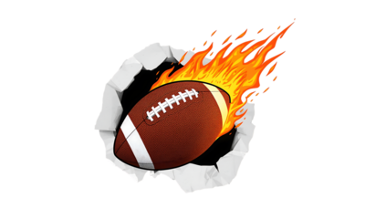 American football bursting through torn paper with flames on png black background sport game